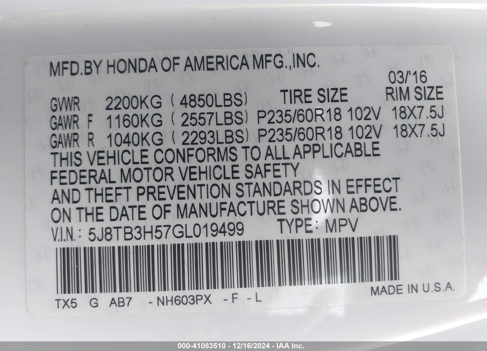 2016 ACURA RDX TECHNOLOGY   WATCH PLUS PACKAGES/TECHNOLOGY PACKAGE VIN: 5J8TB3H57GL019499
