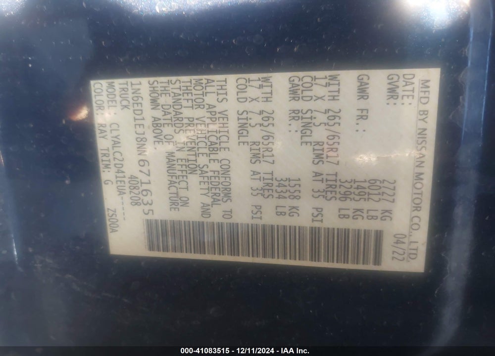 2022 NISSAN FRONTIER SV 4X2 VIN: 1N6ED1EJ8NN671635