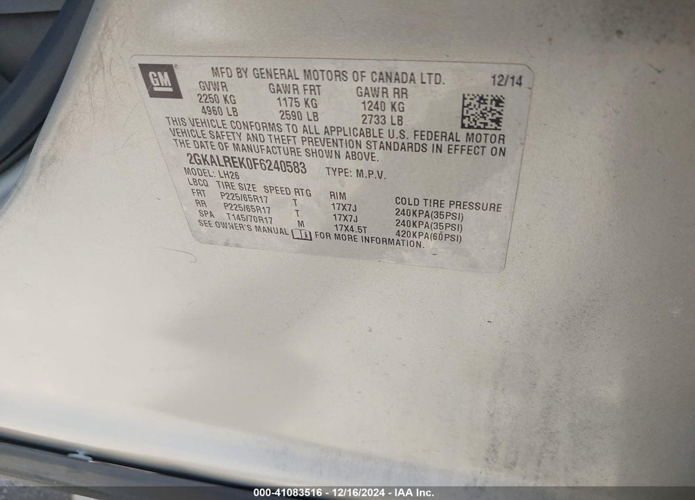 2015 GMC TERRAIN SLE-2 VIN: 2GKALREK0F6240583