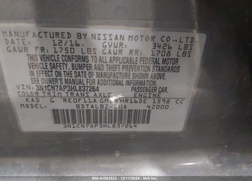 2017 NISSAN VERSA 1.6 SV VIN: 3N1CN7AP3HL837264