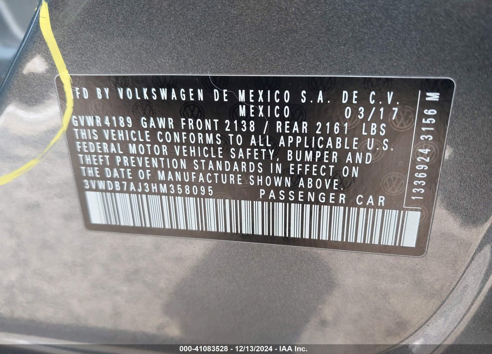2017 VOLKSWAGEN JETTA 1.4T SE VIN: 3VWDB7AJ3HM358095