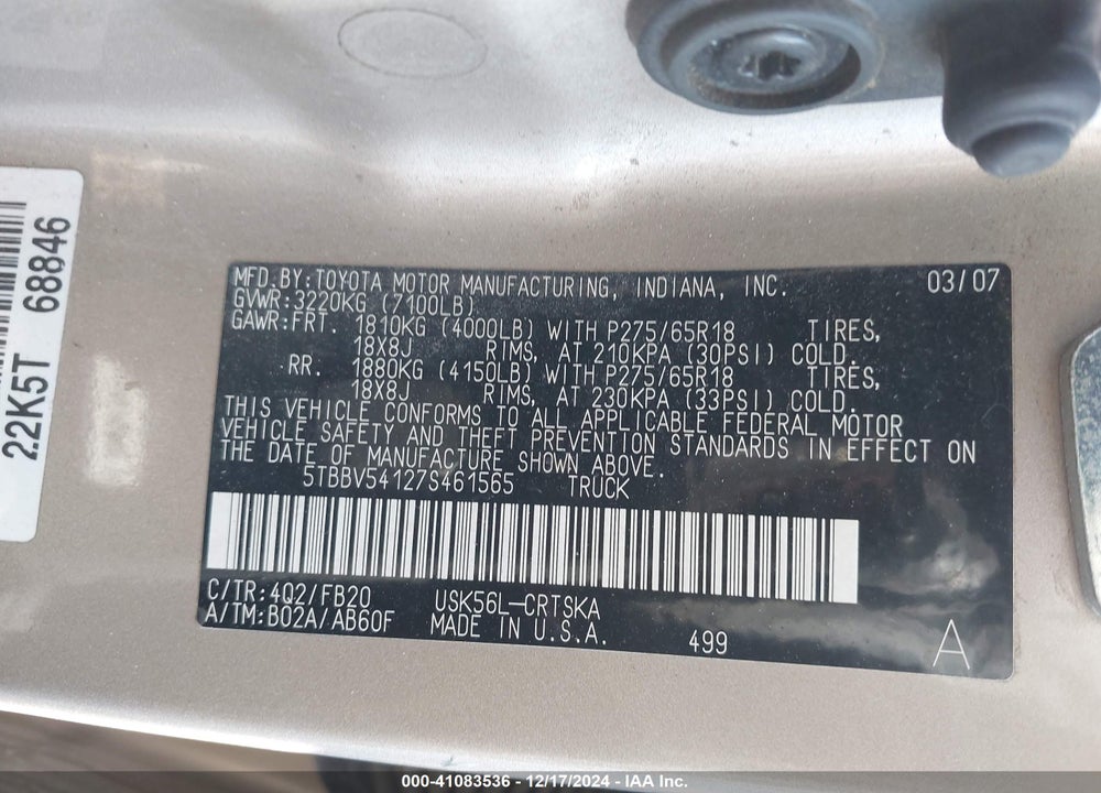 2007 TOYOTA TUNDRA VIN: 5TBBV54127S461565