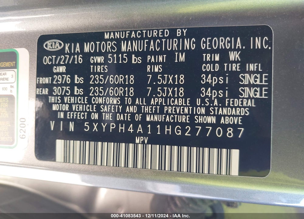 2017 KIA SORENTO 2.0T EX VIN: 5XYPH4A11HG277087