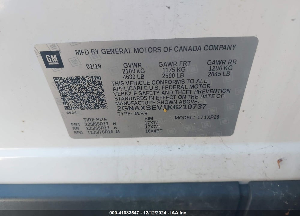 2019 CHEVROLET EQUINOX LS VIN: 2GNAXSEV1K6210737