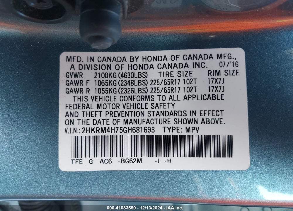 2016 HONDA CR-V EX-L VIN: 2HKRM4H75GH681693