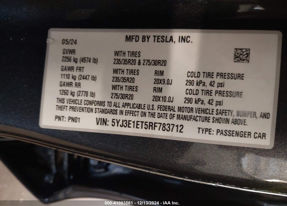 2024 TESLA MODEL 3 VIN: 5YJ3E1ET5RF783712