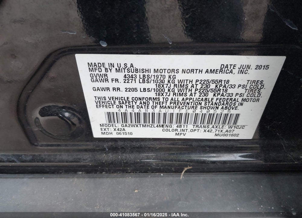 2015 MITSUBISHI OUTLANDER SPORT ES VIN: 4A4AR3AU1FE040525