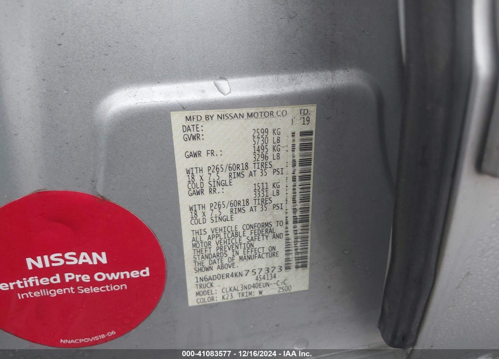 2019 NISSAN FRONTIER VIN: 1N6AD0ER4KN757373