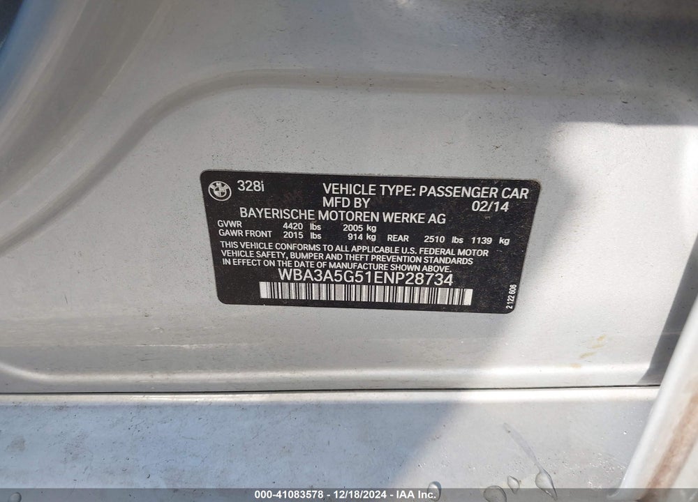 2014 BMW 328I VIN: WBA3A5G51ENP28734