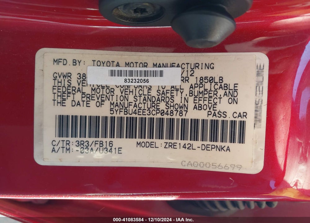 2012 TOYOTA COROLLA LE VIN: 5YFBU4EE3CP048787