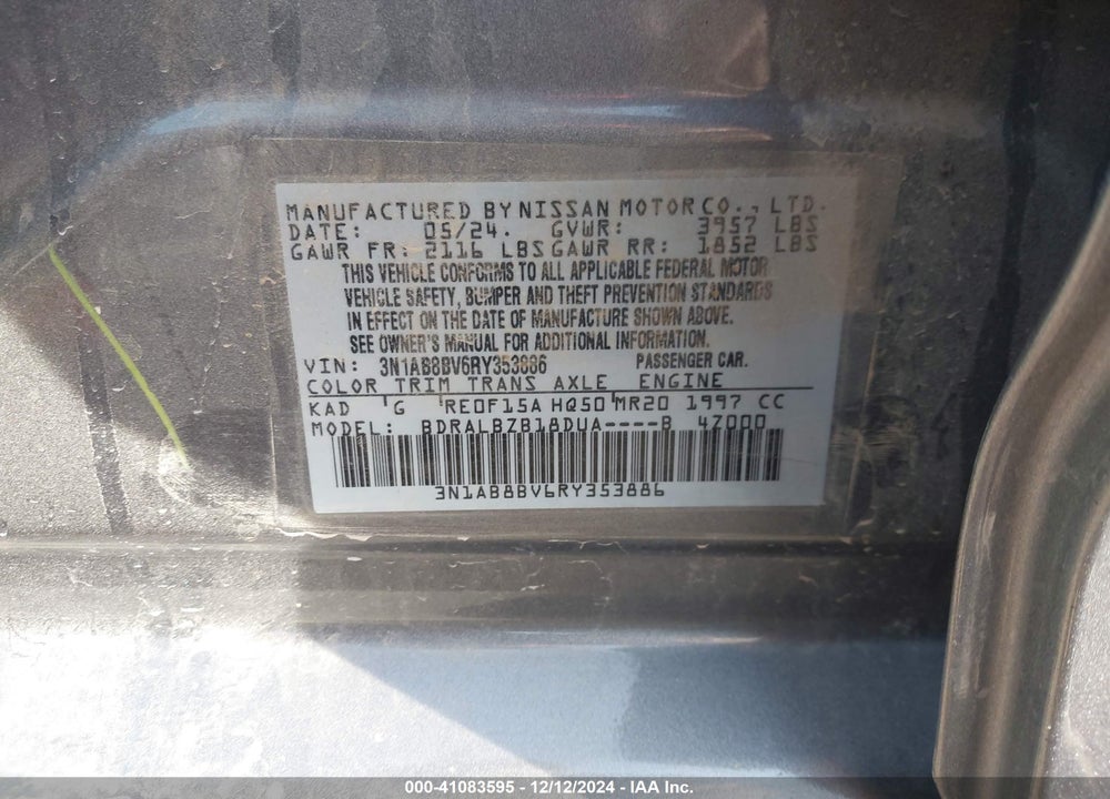 2024 NISSAN SENTRA S XTRONIC CVT VIN: 3N1AB8BV6RY353886