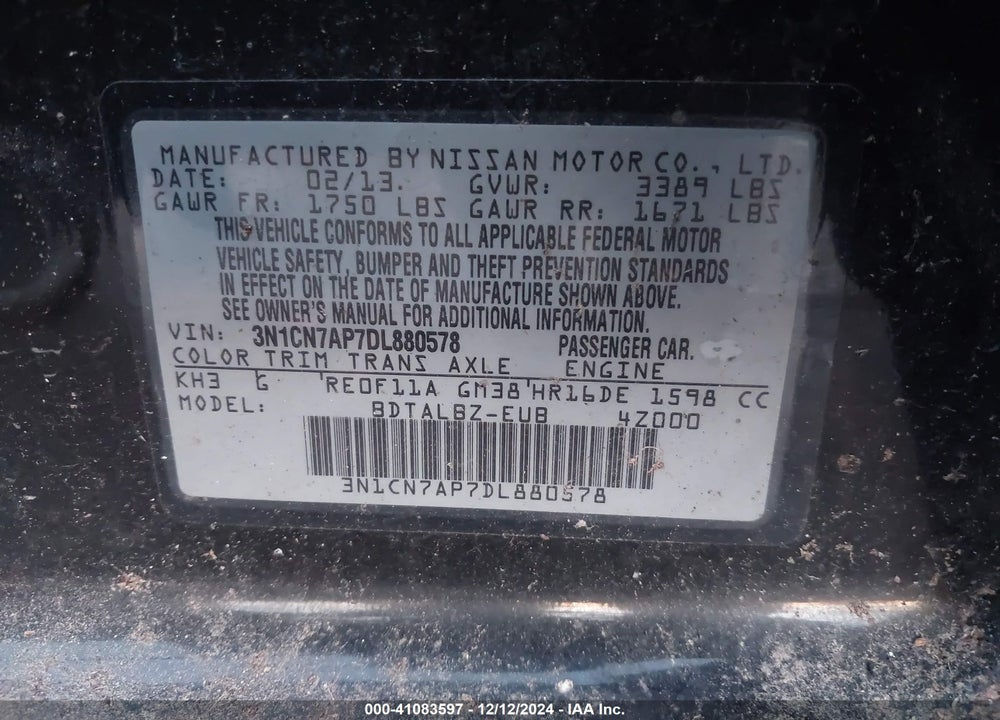 2013 NISSAN VERSA 1.6 SV VIN: 3N1CN7AP7DL880578