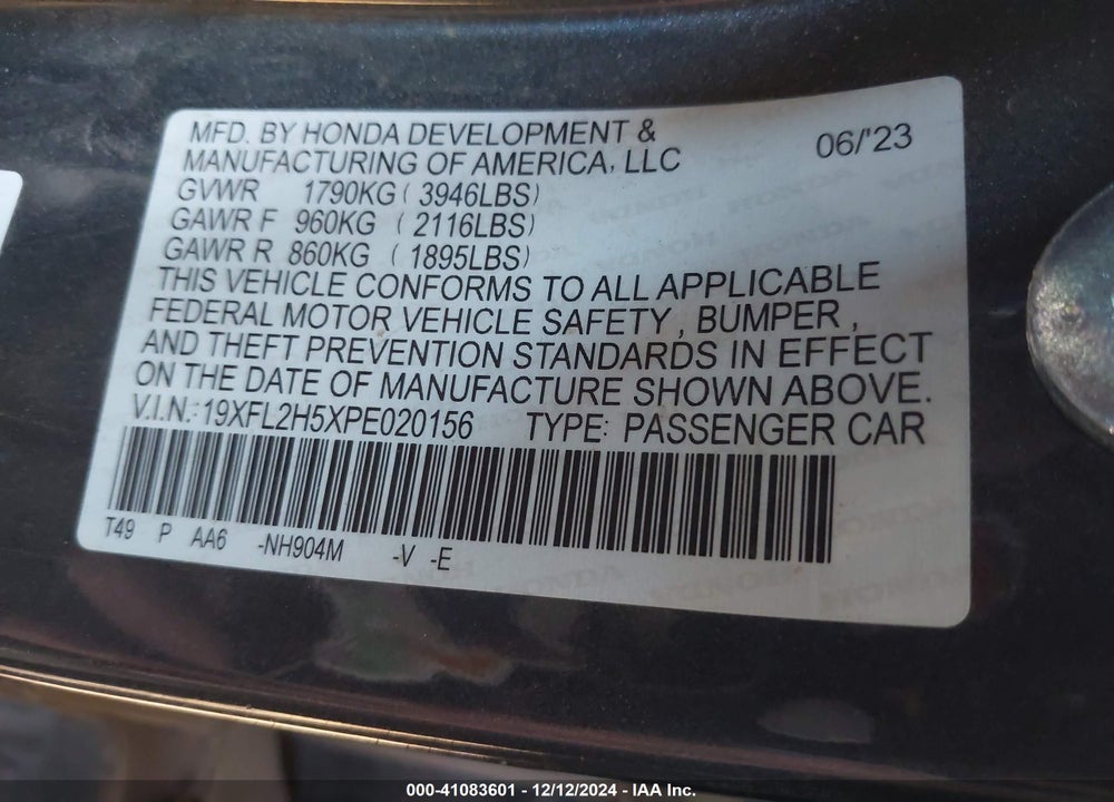 2023 HONDA CIVIC LX VIN: 19XFL2H5XPE020156