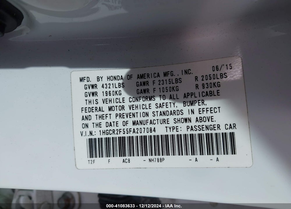 2015 HONDA ACCORD SPORT VIN: 1HGCR2F55FA207084