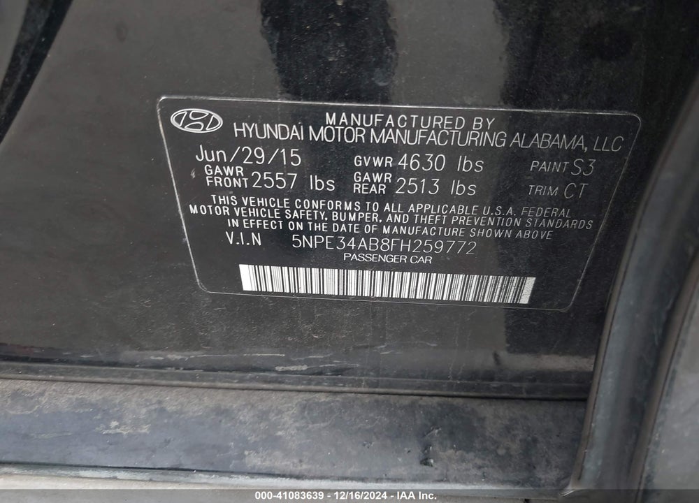 2015 HYUNDAI SONATA LIMITED 2.0T VIN: 5NPE34AB8FH259772