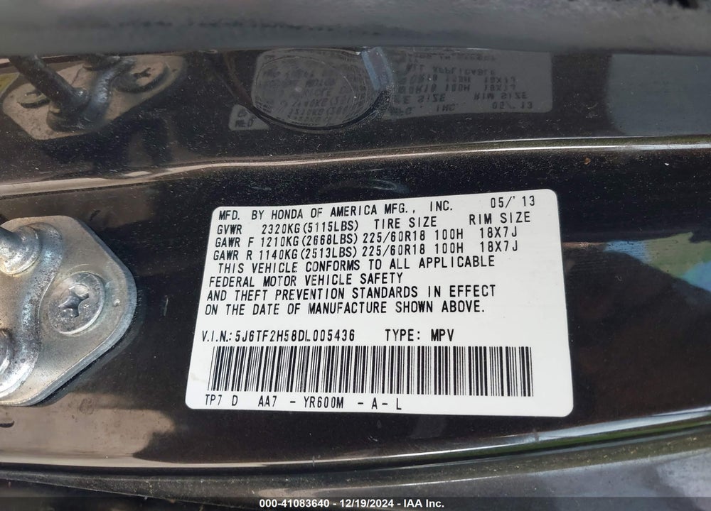 2013 HONDA CROSSTOUR EX-L V6 VIN: 5J6TF2H58DL005436