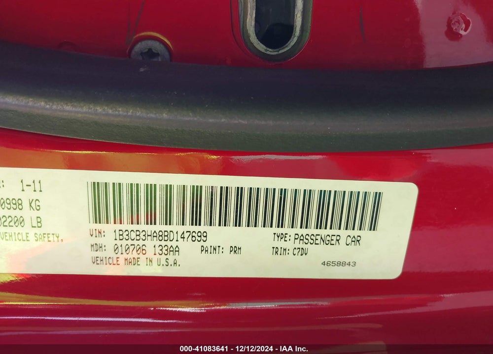 2011 DODGE CALIBER MAINSTREET VIN: 1B3CB3HA8BD147699