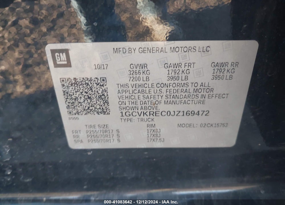2018 CHEVROLET SILVERADO 1500 VIN: 1GCVKREC0JZ169472