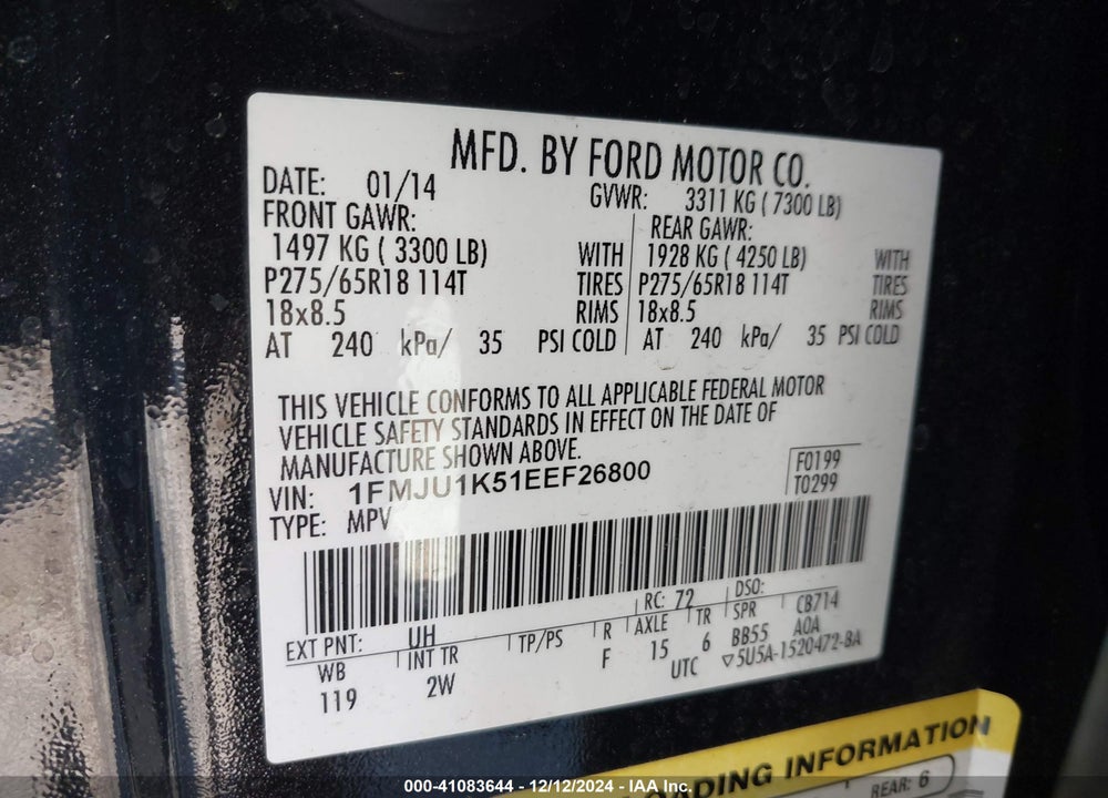 2014 FORD EXPEDITION LIMITED VIN: 1FMJU1K51EEF26800