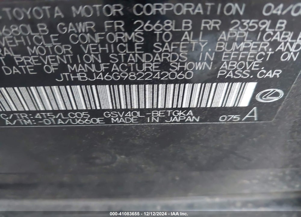 2008 LEXUS ES 350 VIN: JTHBJ46G982242060