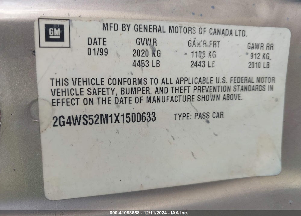 1999 BUICK CENTURY CUSTOM VIN: 2G4WS52M1X1500633