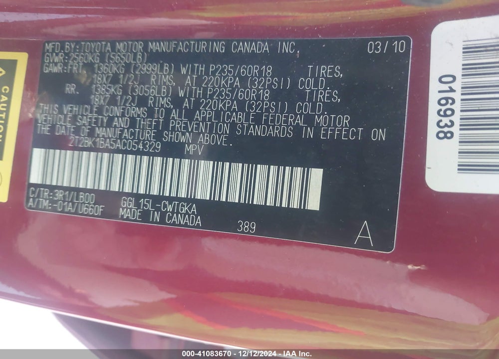 2010 LEXUS RX 350 VIN: 2T2BK1BA5AC054329