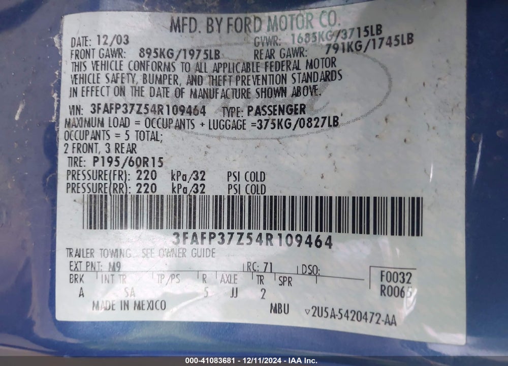 2004 FORD FOCUS ZX5 VIN: 3FAFP37Z54R109464