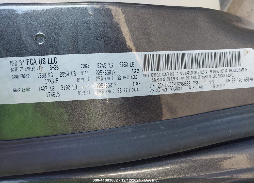 2020 DODGE GRAND CARAVAN SXT VIN: 2C4RDGCGXLR200682