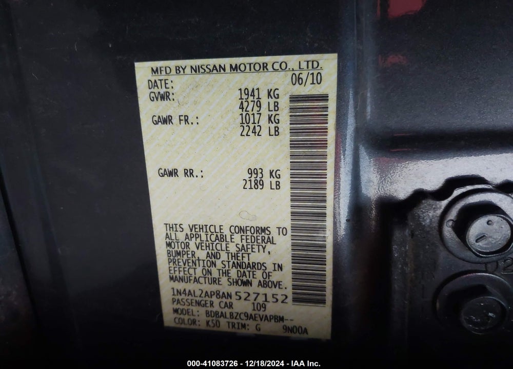2010 NISSAN ALTIMA 2.5 S VIN: 1N4AL2AP8AN527152