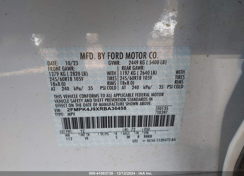 2024 FORD EDGE SEL VIN: 2FMPK4J9XRBA36458