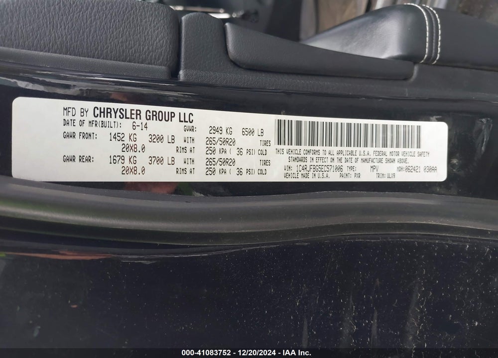 2014 JEEP GRAND CHEROKEE LIMITED VIN: 1C4RJFBG5EC571006