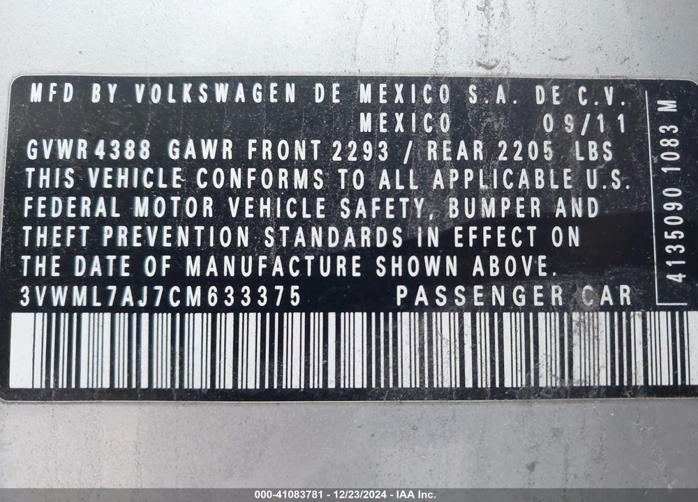 2012 VOLKSWAGEN JETTA SPORTWAGEN VIN: 3VWML7AJ7CM633375
