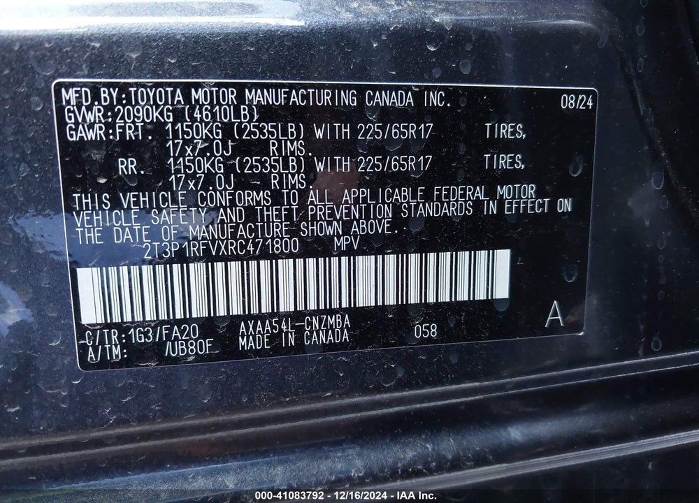 2024 TOYOTA RAV4 XLE VIN: 2T3P1RFVXRC471800