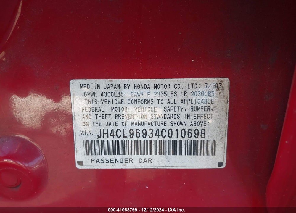 2004 ACURA TSX VIN: JH4CL96934C010698