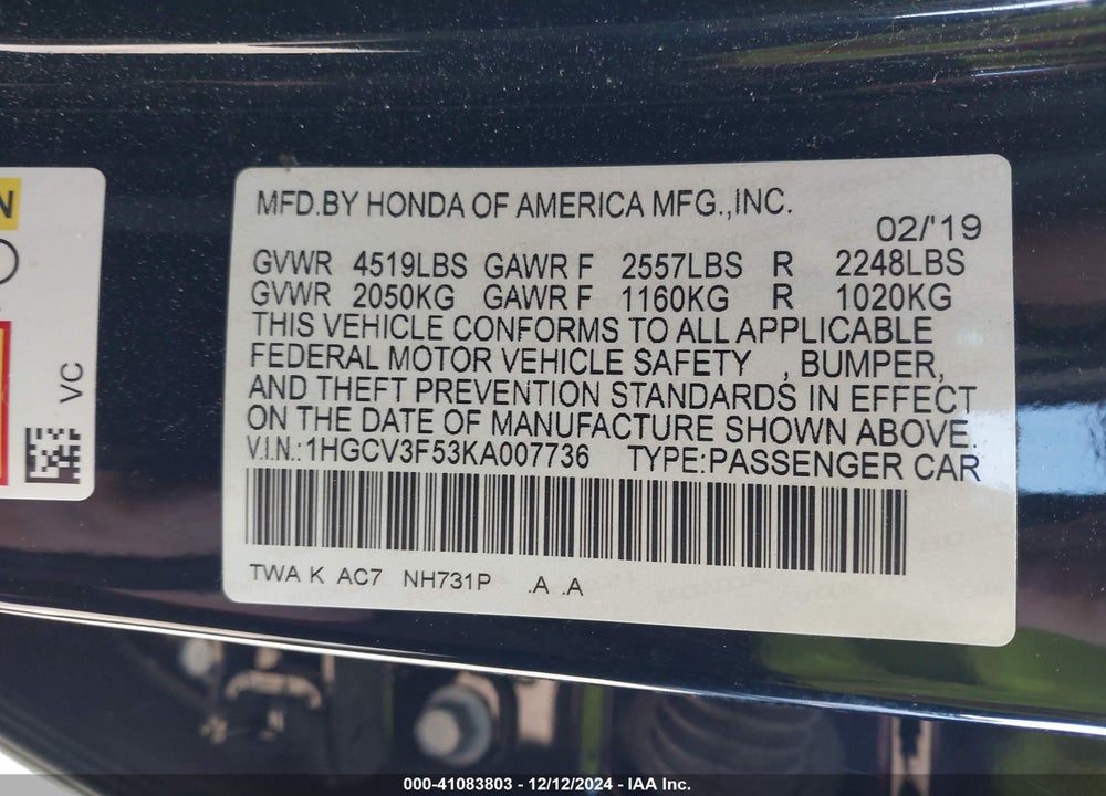 2019 HONDA ACCORD HYBRID EX-L VIN: 1HGCV3F53KA007736
