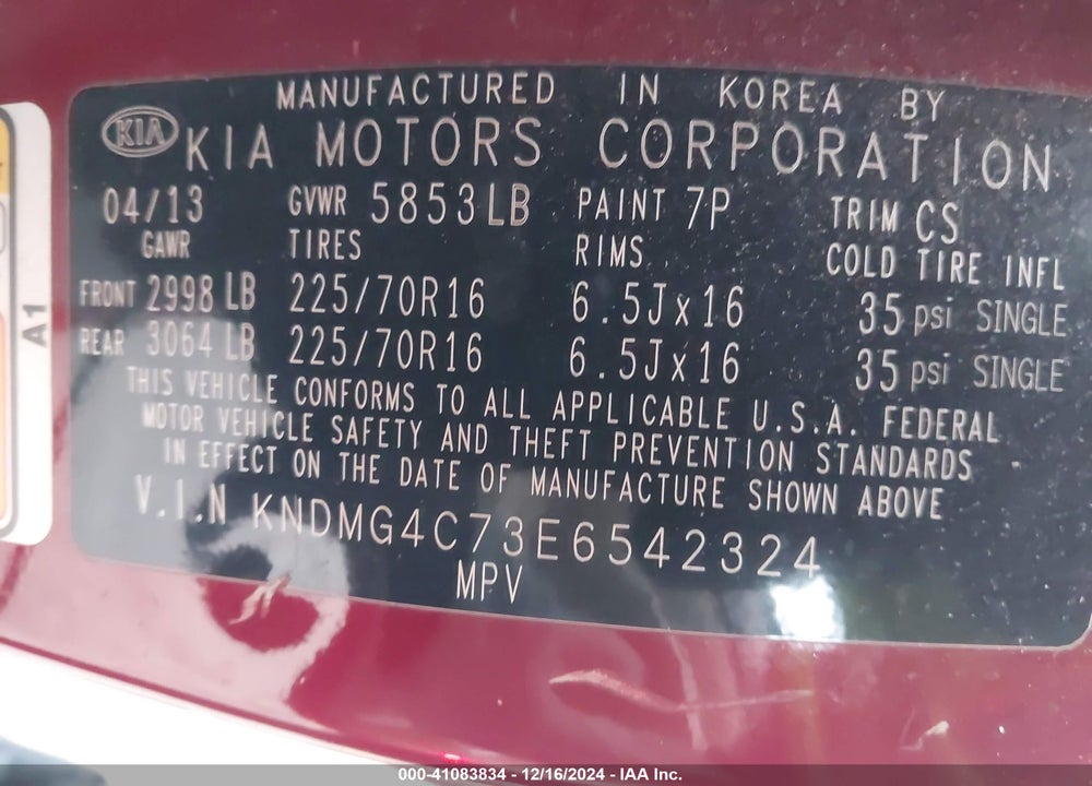 2014 KIA SEDONA LX VIN: KNDMG4C73E6542324