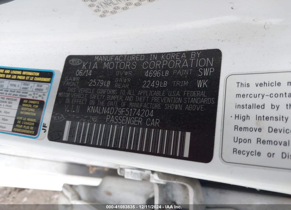 2015 KIA CADENZA PREMIUM VIN: KNALN4D79F5174204