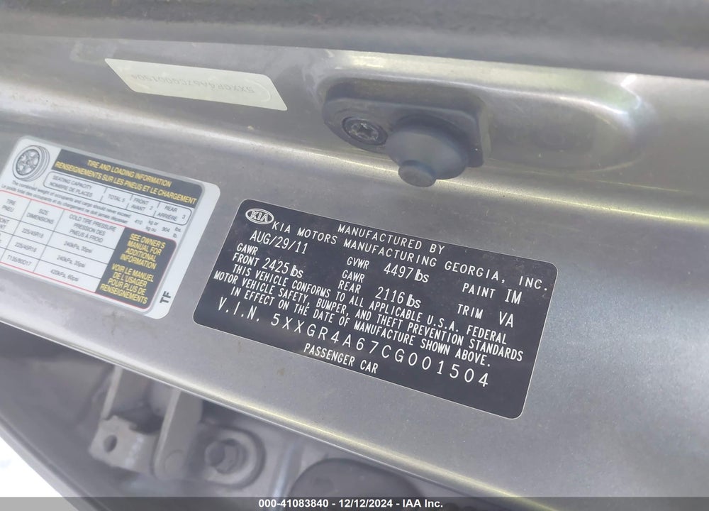 2012 KIA OPTIMA SX VIN: 5XXGR4A67CG001504