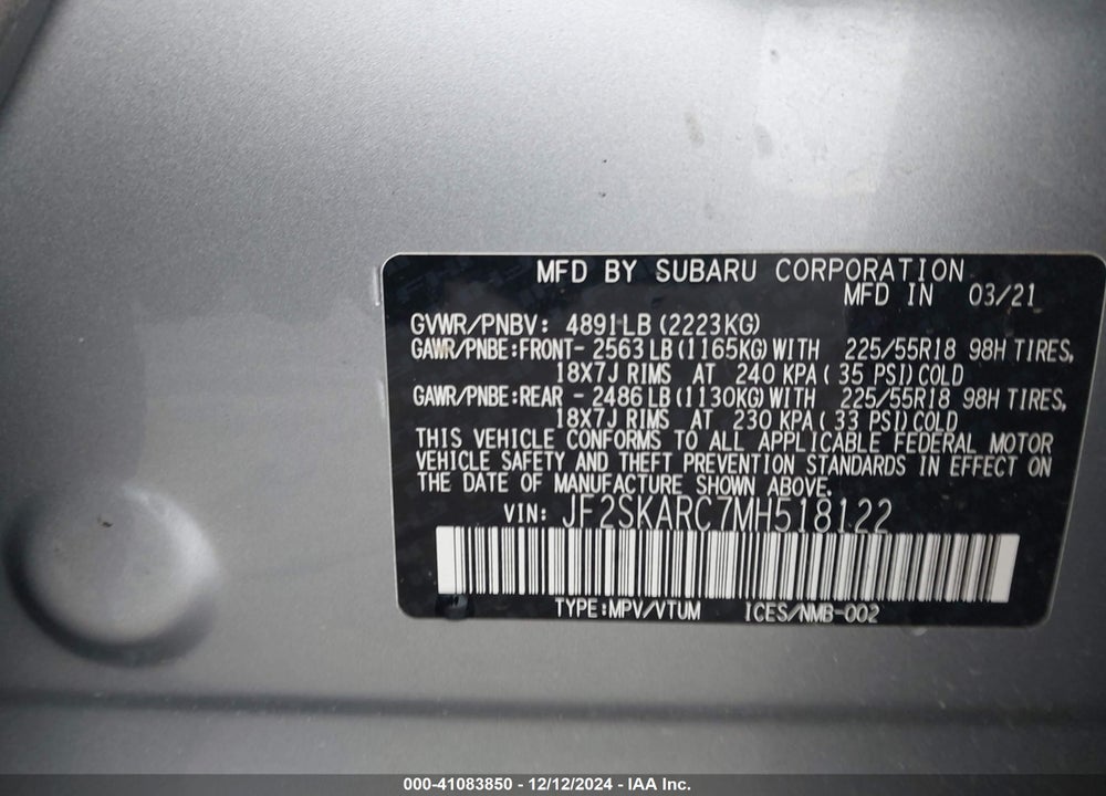 2021 SUBARU FORESTER SPORT VIN: JF2SKARC7MH518122