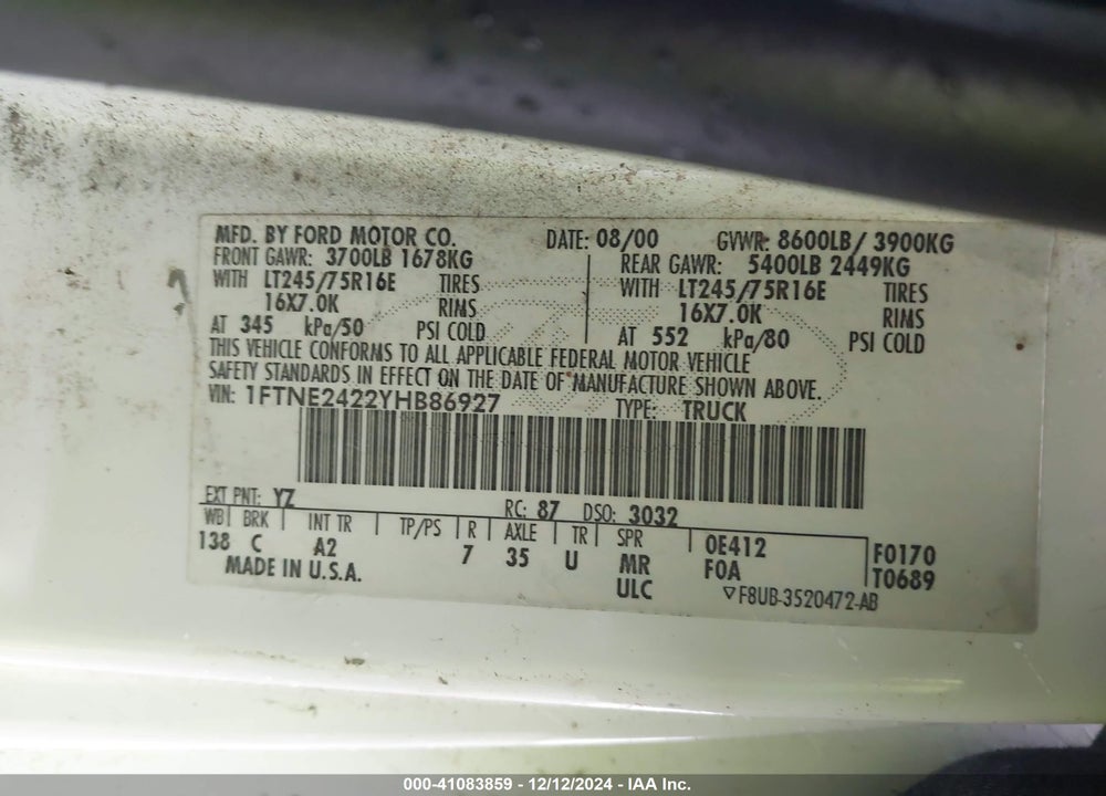 2000 FORD E-250 VIN: 1FTNE2422YHB86927