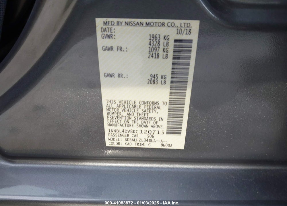 2019 NISSAN ALTIMA VIN: 1N4BL4DV8KC120715