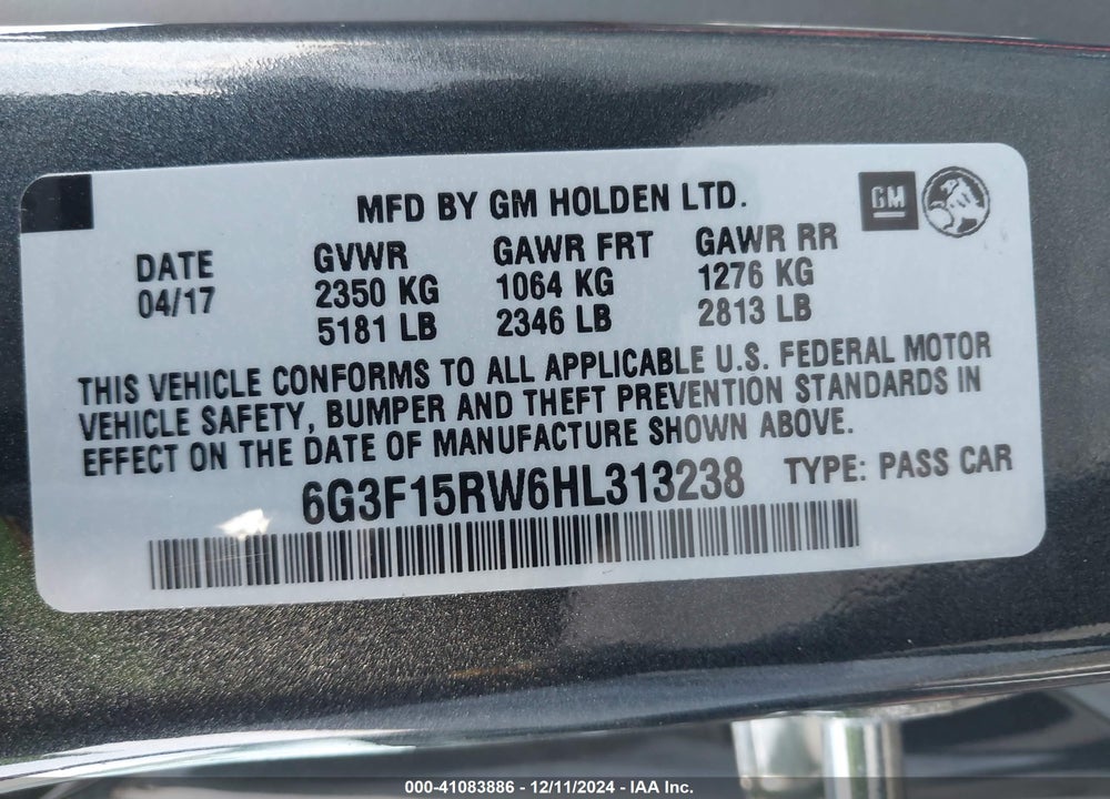 2017 CHEVROLET SS VIN: 6G3F15RW6HL313238