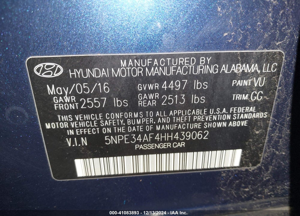 2017 HYUNDAI SONATA LIMITED VIN: 5NPE34AF4HH439062