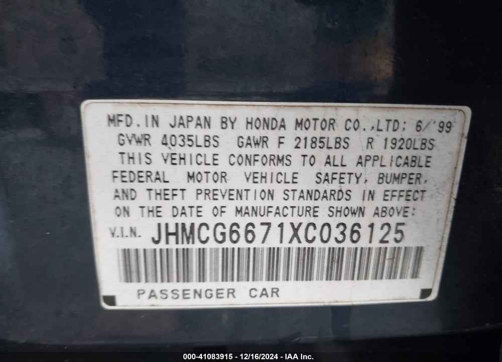 1999 HONDA ACCORD EX VIN: JHMCG6671XC036125