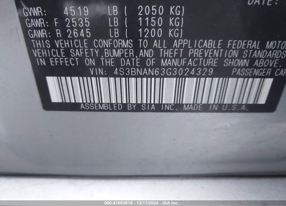 2016 SUBARU LEGACY 2.5I LIMITED VIN: 4S3BNAN63G3024329