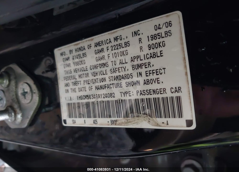 2006 HONDA ACCORD 2.4 SE VIN: 1HGCM56346A124082