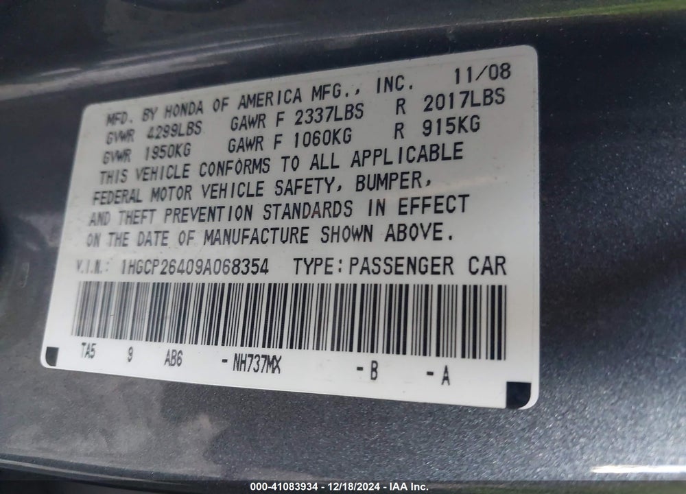 2009 HONDA ACCORD 2.4 LX-P VIN: 1HGCP26409A068354