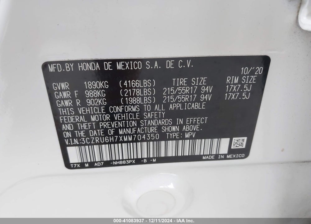 2021 HONDA HR-V AWD EX-L VIN: 3CZRU6H7XMM704350