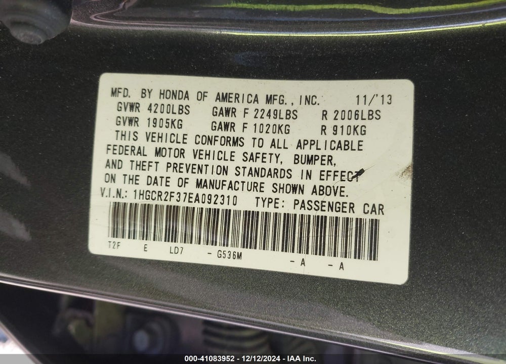 2014 HONDA ACCORD LX VIN: 1HGCR2F37EA092310