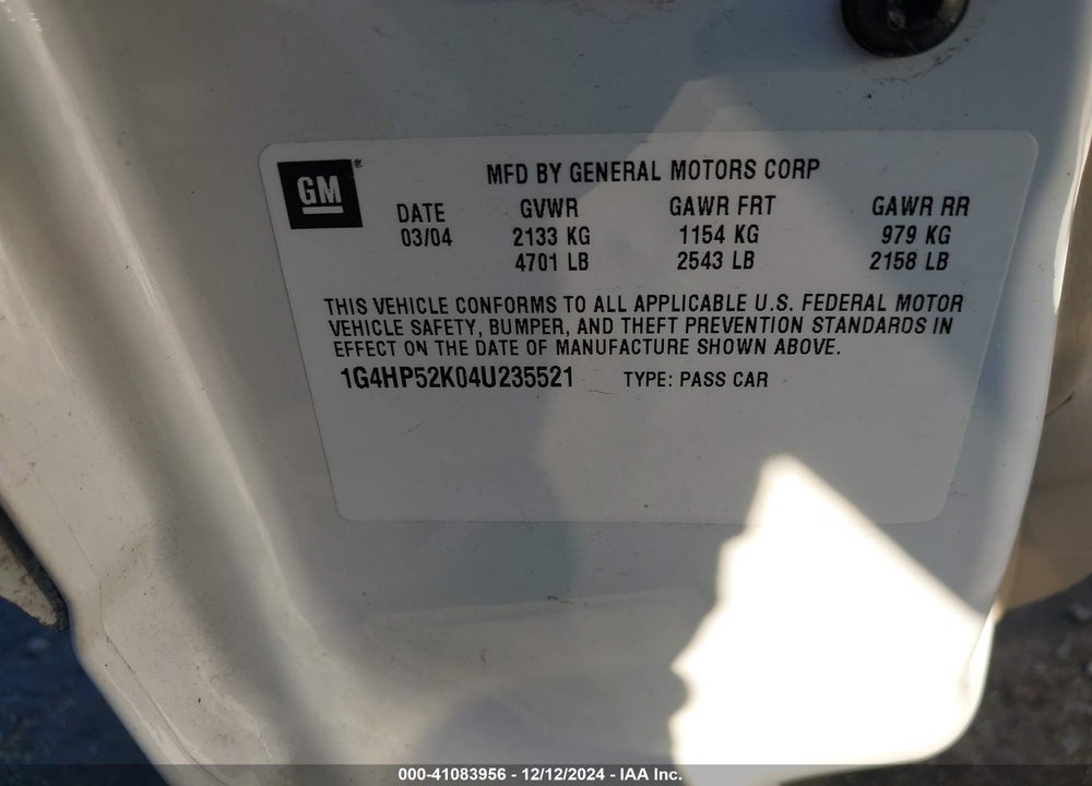 2004 BUICK LESABRE CUSTOM VIN: 1G4HP52K04U235521